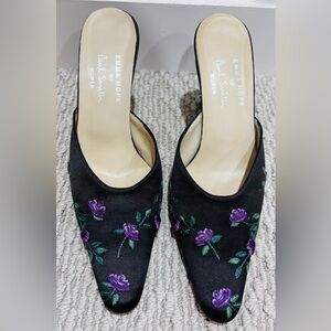 Paul Smith Black Mules with Purple Floral Embroidery NEW